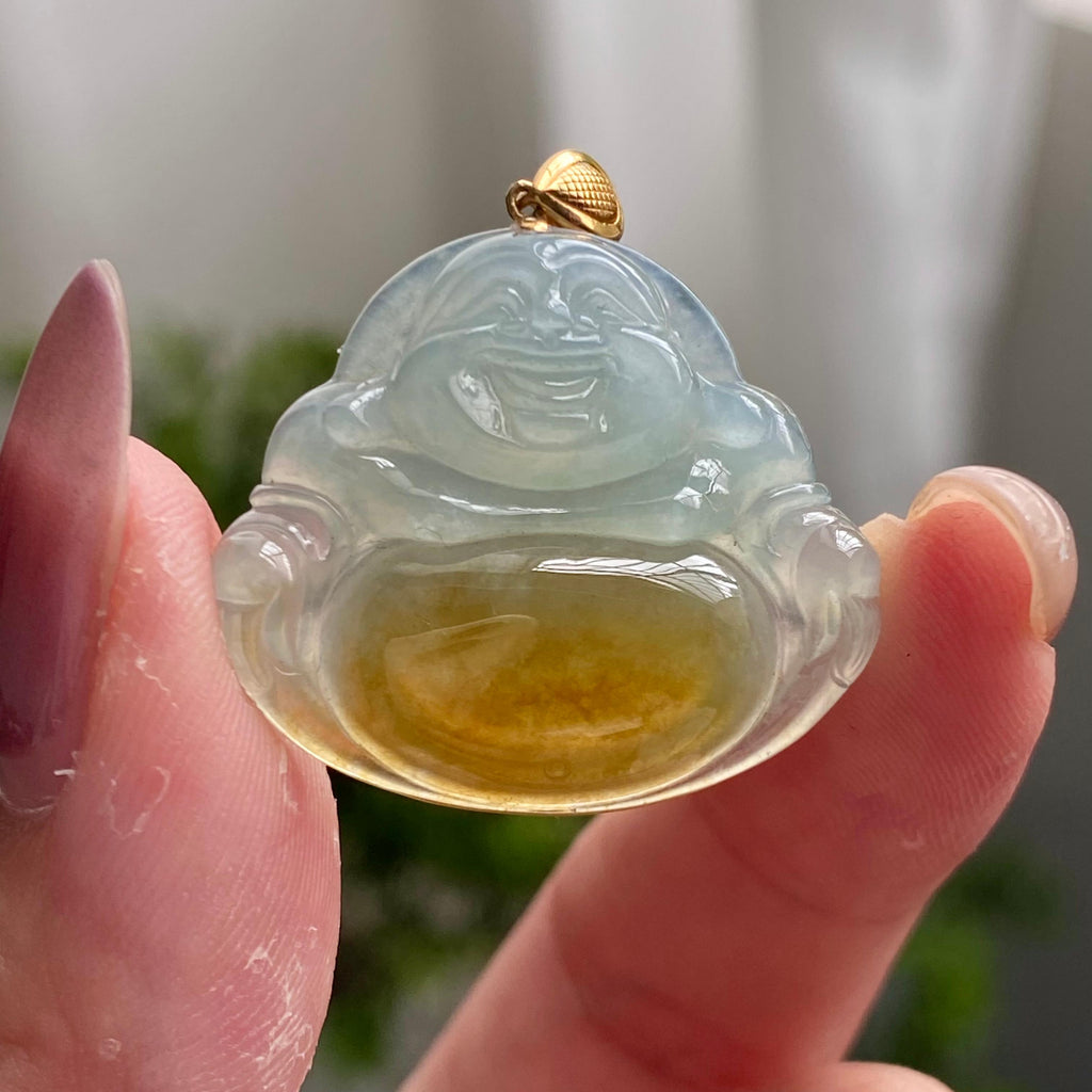 18k金镶冰种黄翡肚里藏金佛公吊坠（yc200394）