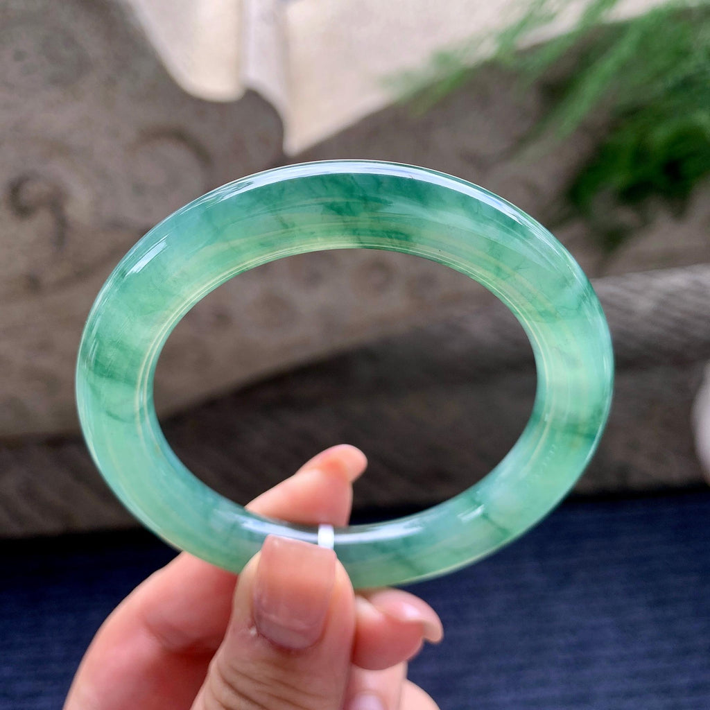 糯冰种晴底飘绿花圆条手镯 54圈口 天然缅甸A货翡翠（yc536169）