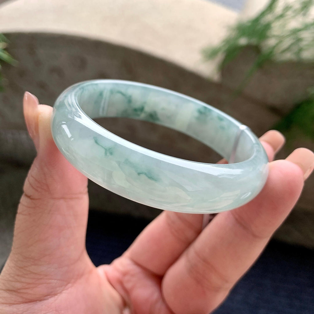 糯冰种飘蓝花宽版轮胎手镯 57圈口 天然缅甸A货翡翠（yc701180）
