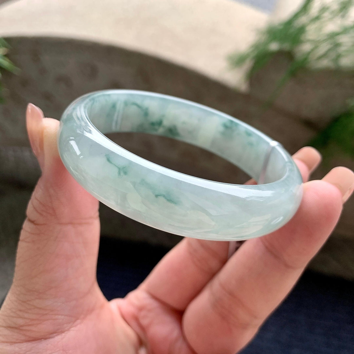 糯冰种飘蓝花宽版轮胎手镯 57圈口 天然缅甸A货翡翠（yc701180）