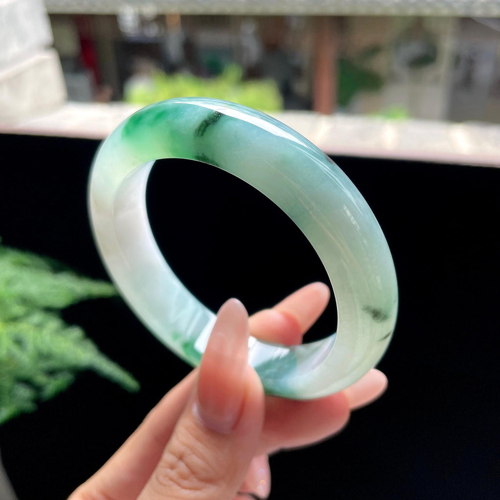 糯冰种绿飘花正圈平安镯 54圈口 天然缅甸A货翡翠（yc527796）