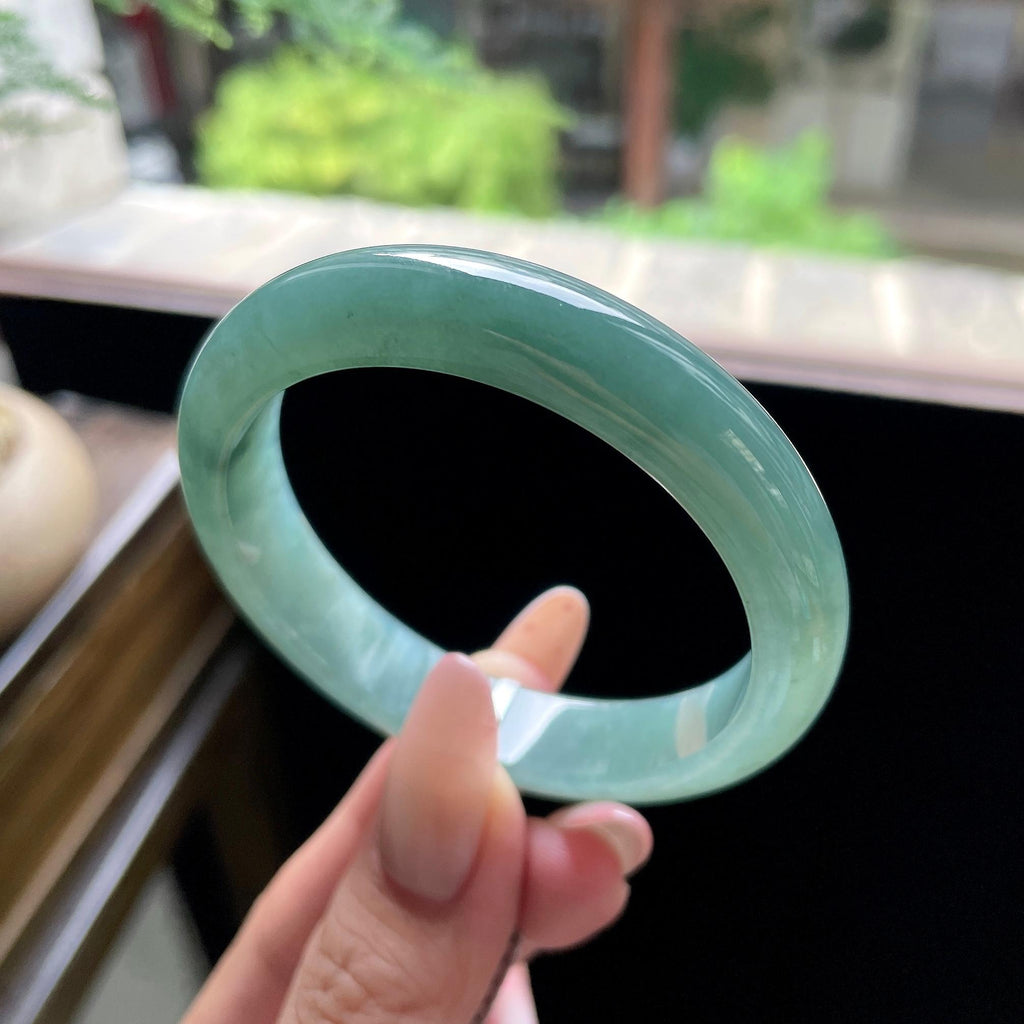 小圈口 细糯种油青色湖水绿正圈平安镯 52圈 天然缅甸A货翡翠（yc693162）