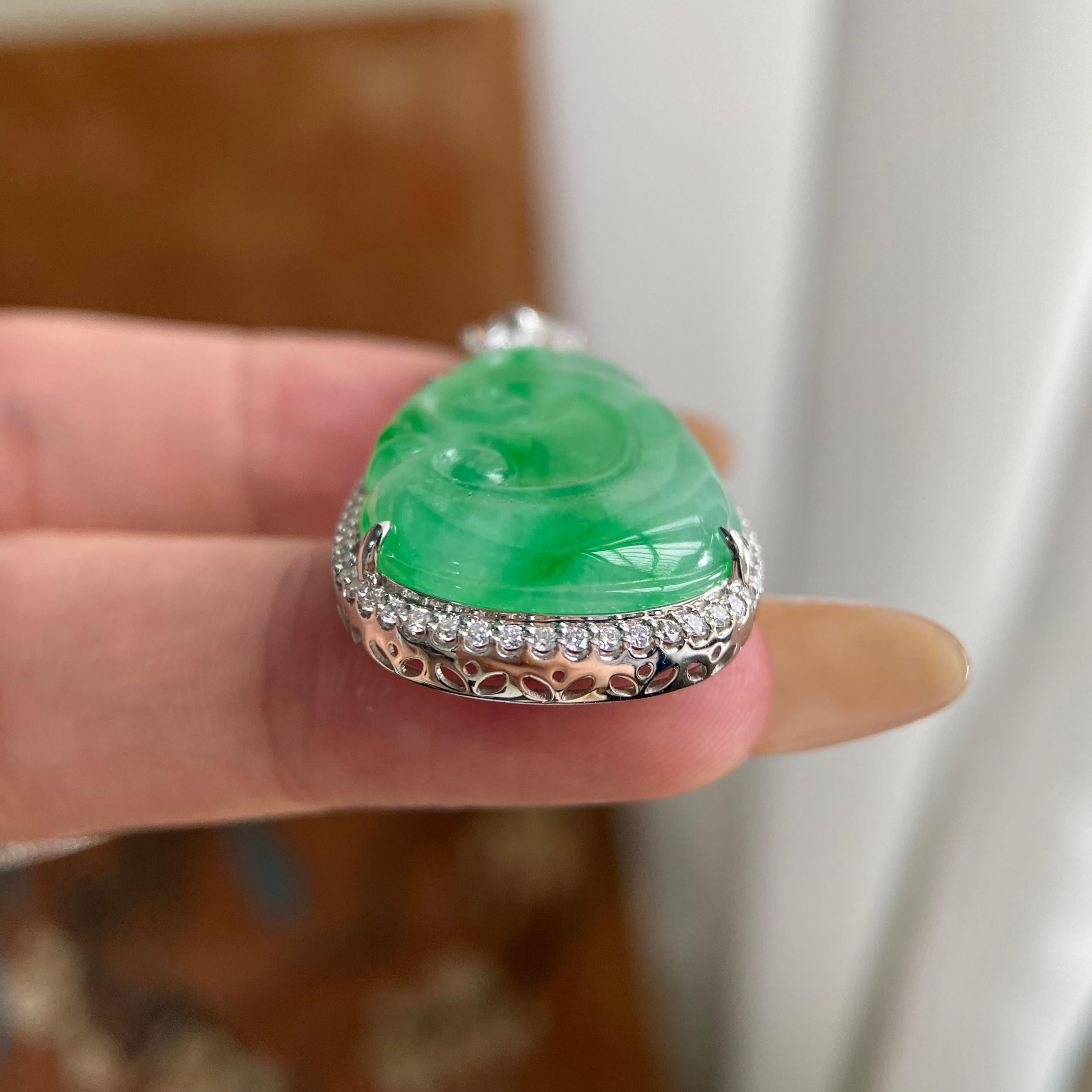 18k金钻镶糯冰种满绿如意吊坠（yc223807）