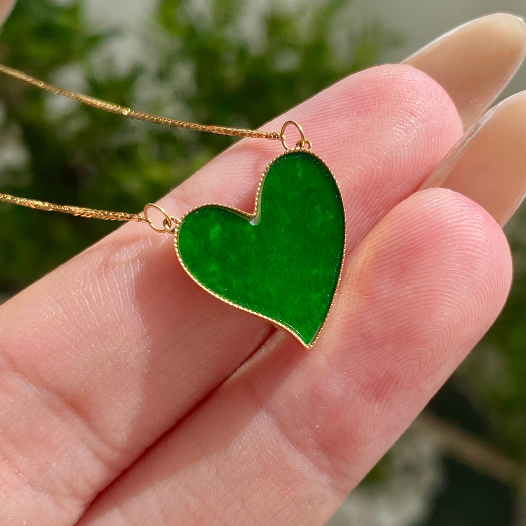 18k金镶糯冰种心形辣绿吊坠（yc216767）