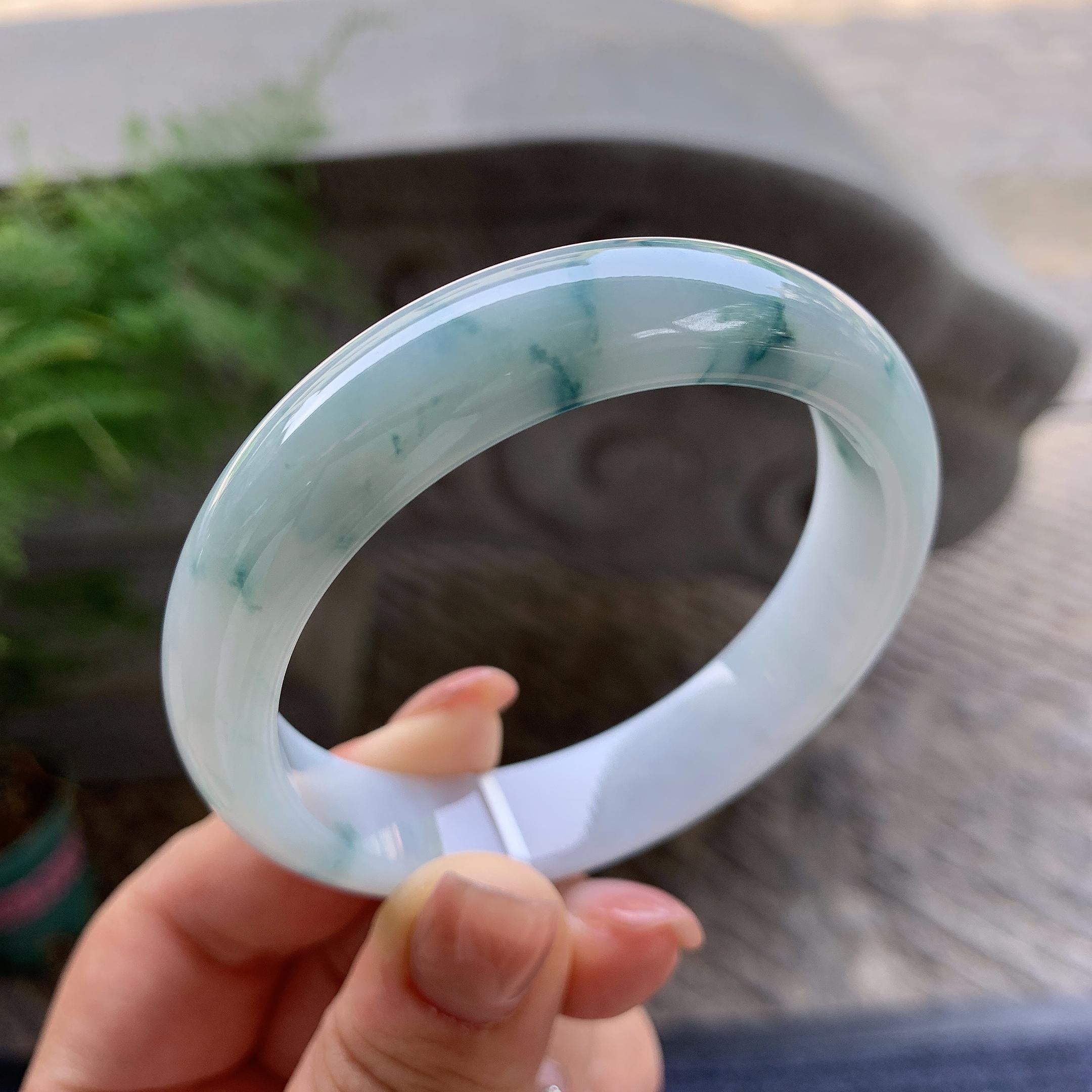 细糯种飘蓝花正圈平安镯 55圈口 天然缅甸A货翡翠（yc501360）