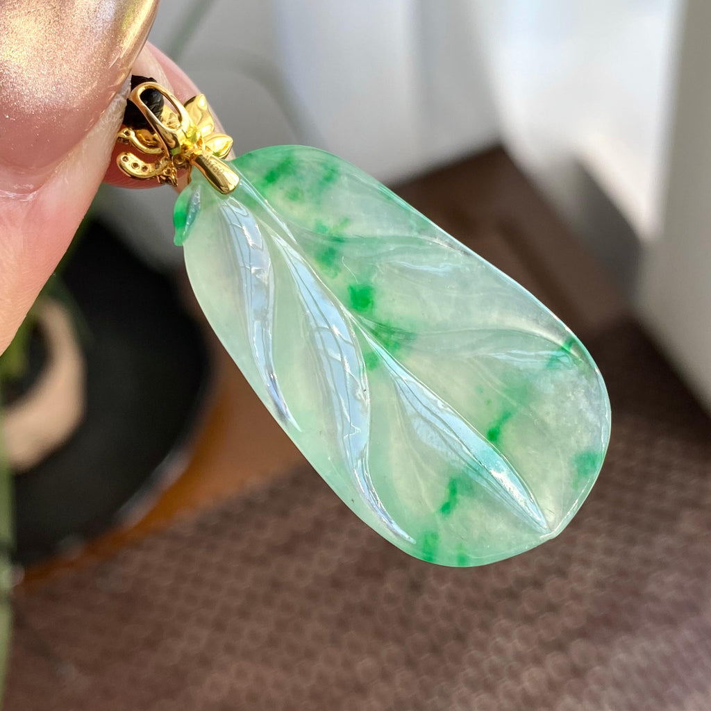 18k金钻镶冰种飘花玉叶吊坠（yc266215）