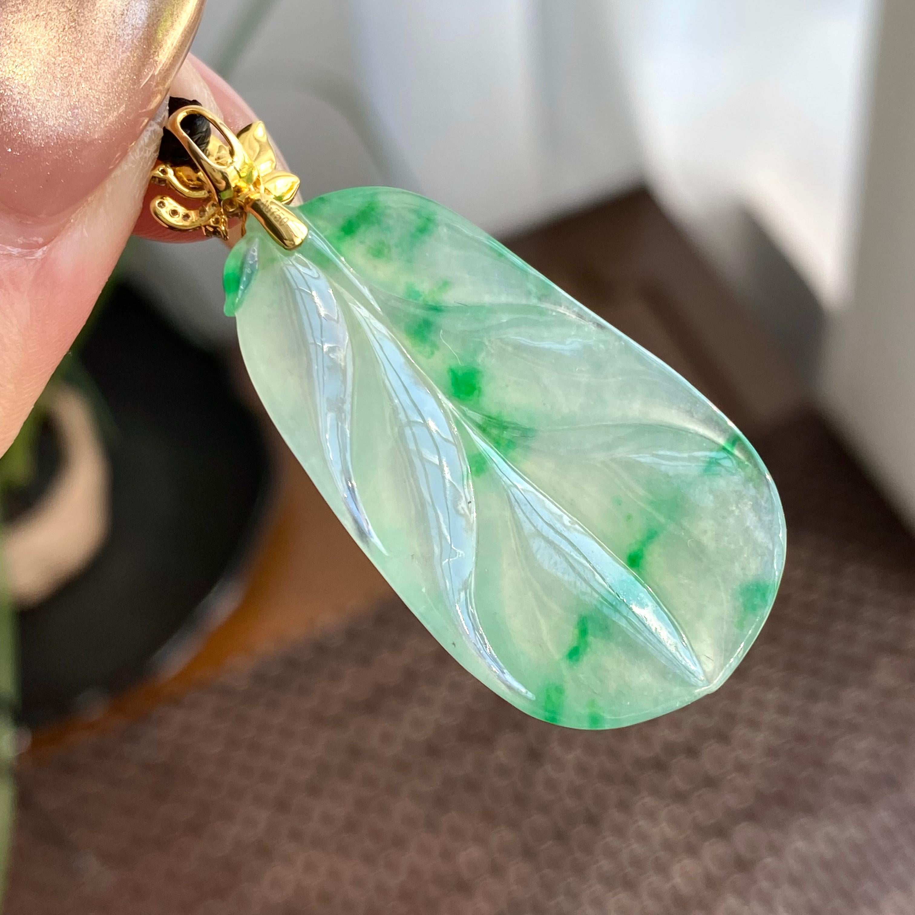 18k金钻镶冰种飘花玉叶吊坠（yc266215）