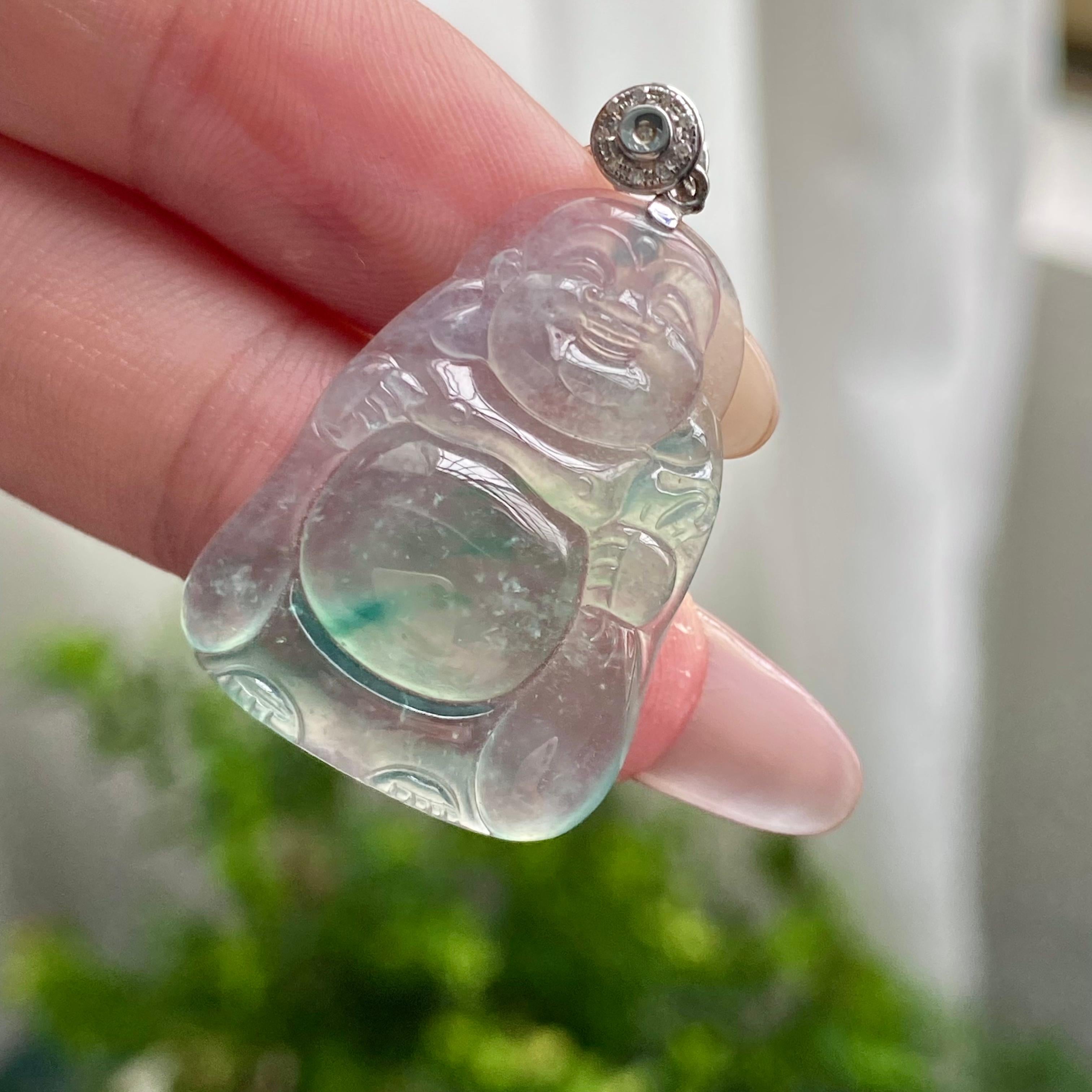 18k金钻镶冰玻种飘花佛公吊坠（yc200429）