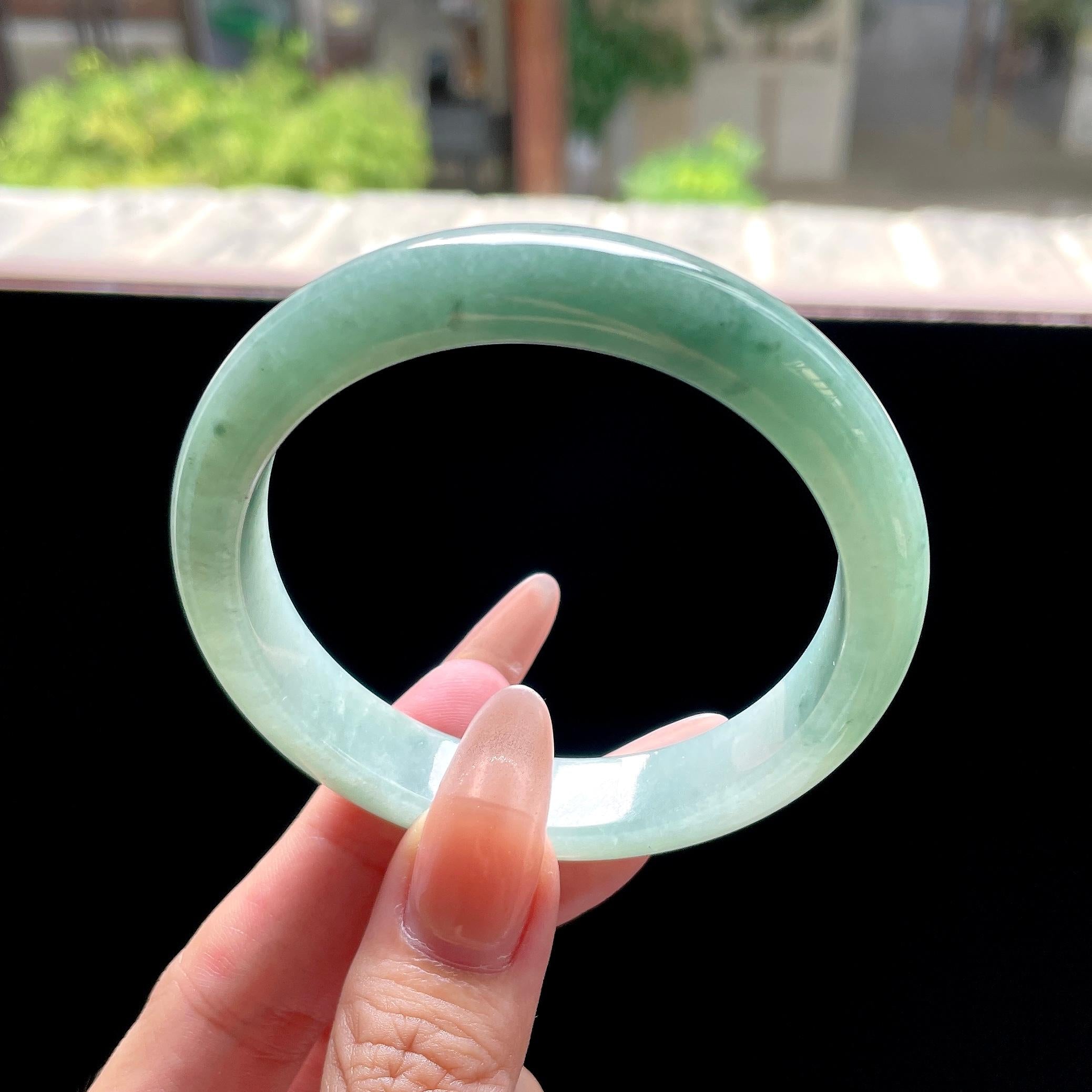 细糯种油青色湖水绿正圈平安镯 57.6圈 天然缅甸A货翡翠（yc522696）