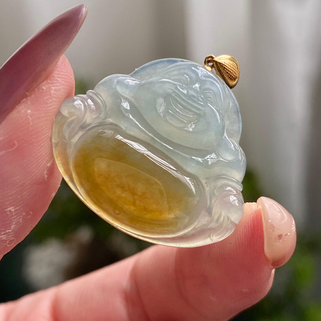 18k金镶冰种黄翡肚里藏金佛公吊坠（yc200394）