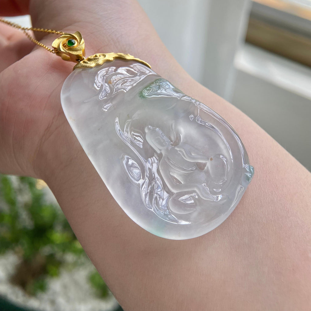 18k金镶冰种飘花悟道牌吊坠（yc216340）