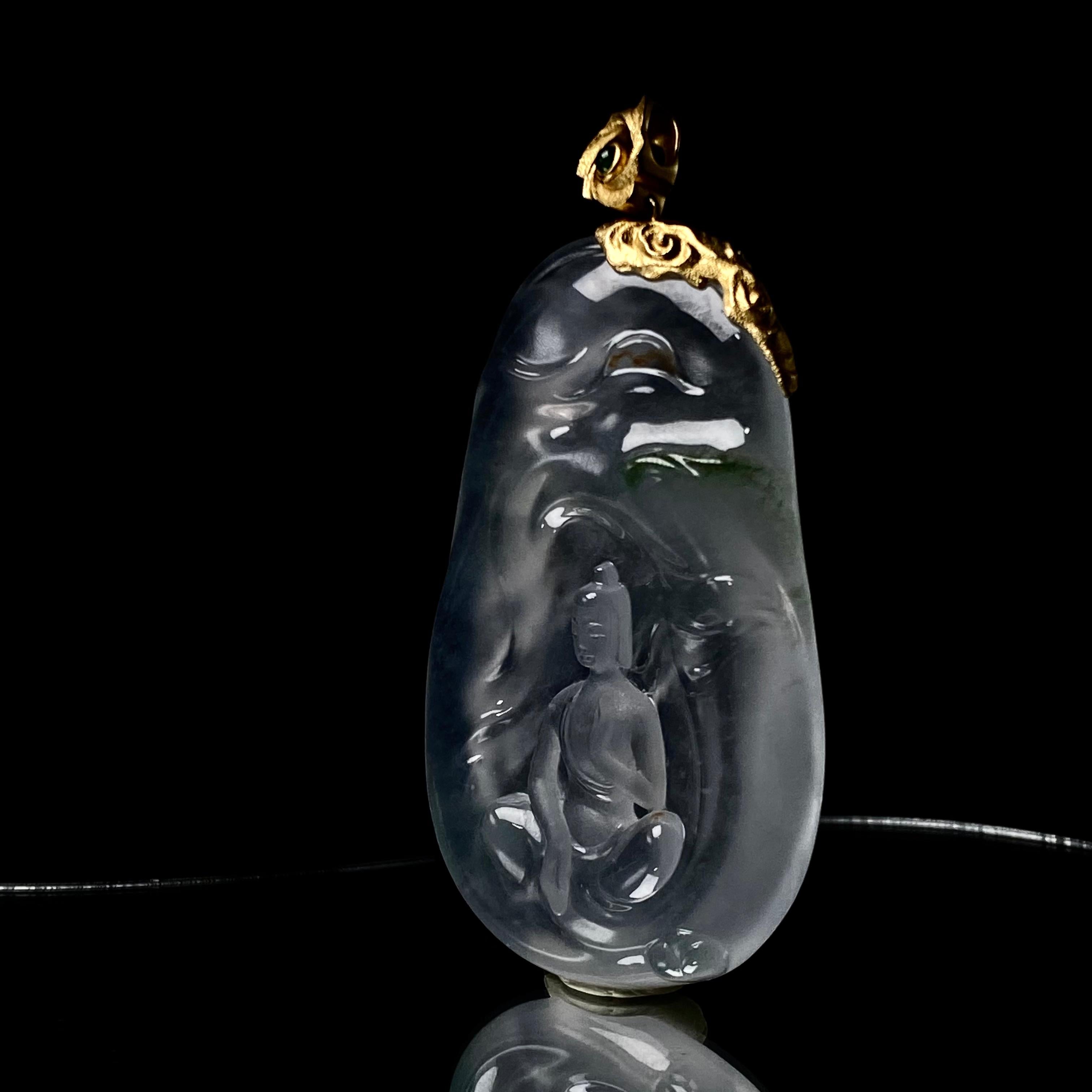 18k金镶冰种飘花悟道牌吊坠（yc216340）