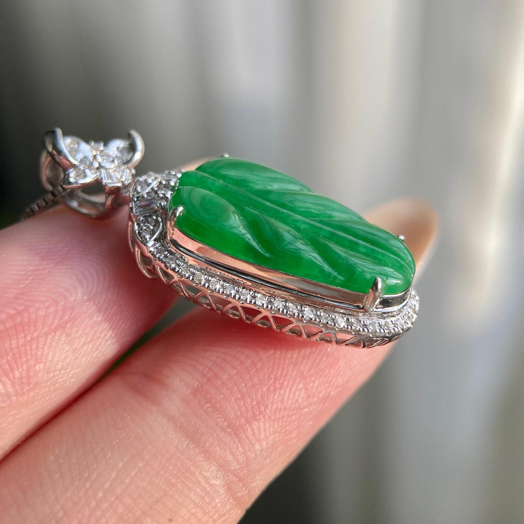 18k金钻镶糯冰种阳绿玉叶吊坠（yc216837）