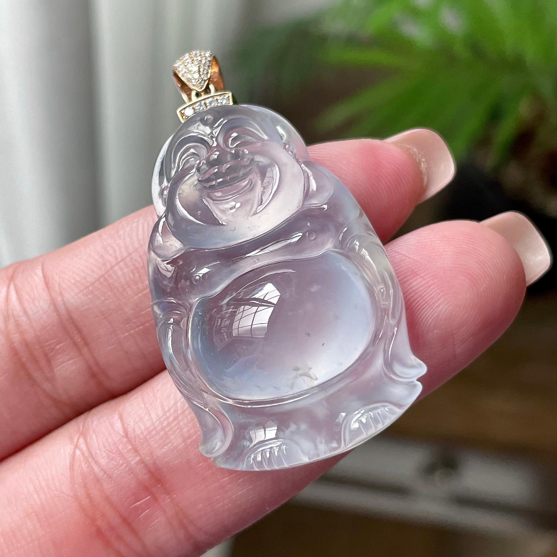 18K金钻镶冰种雪花棉佛公吊坠 天然缅甸A货翡翠（yc522681）