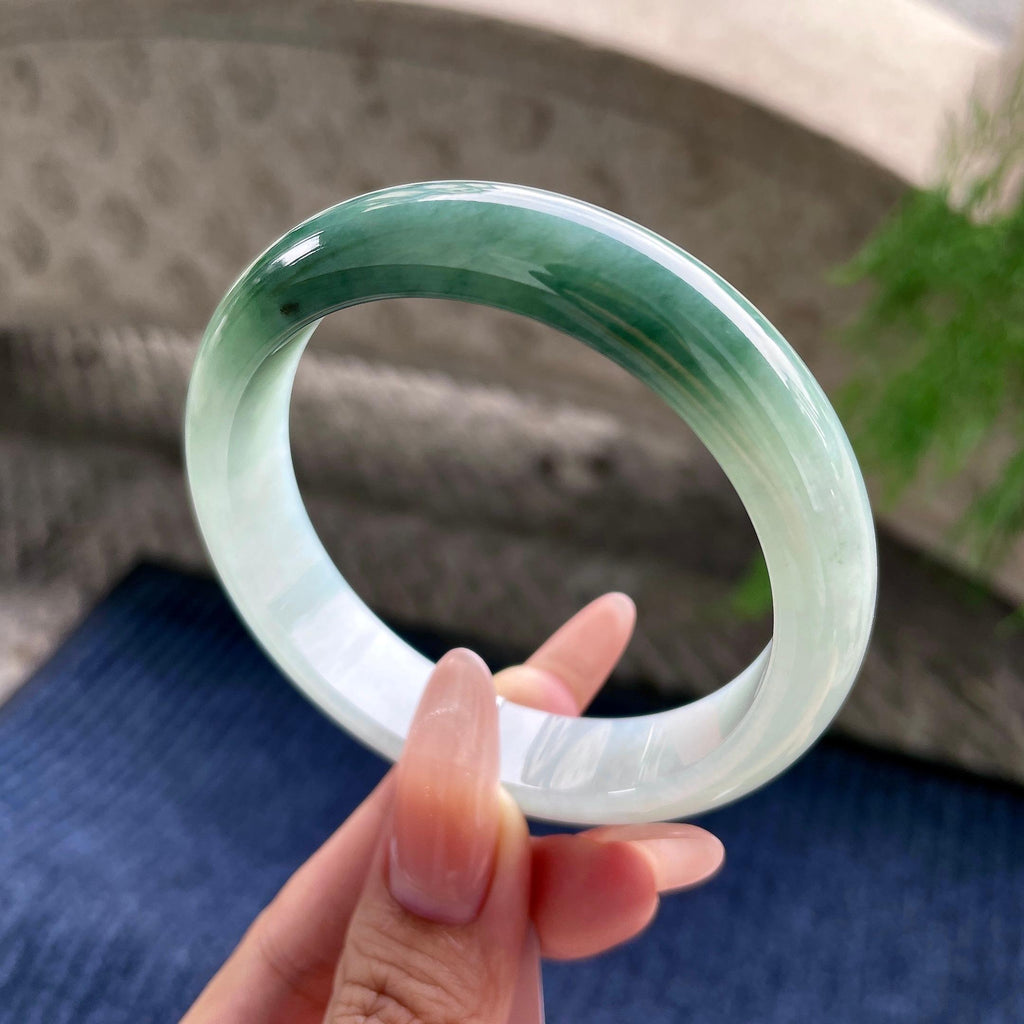细糯种油青色半山水正圈平安镯 57.5圈口 天然缅甸A货翡翠（yc530787）