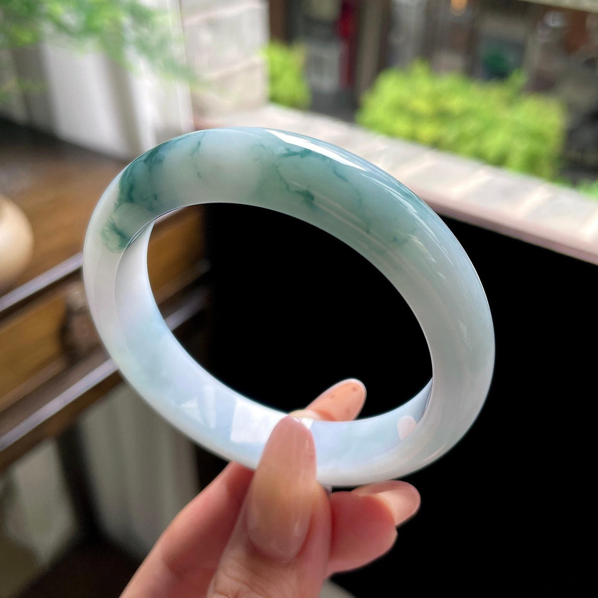 细糯种蓝飘花正圈平安镯 56圈 天然缅甸A货翡翠（yc696431）