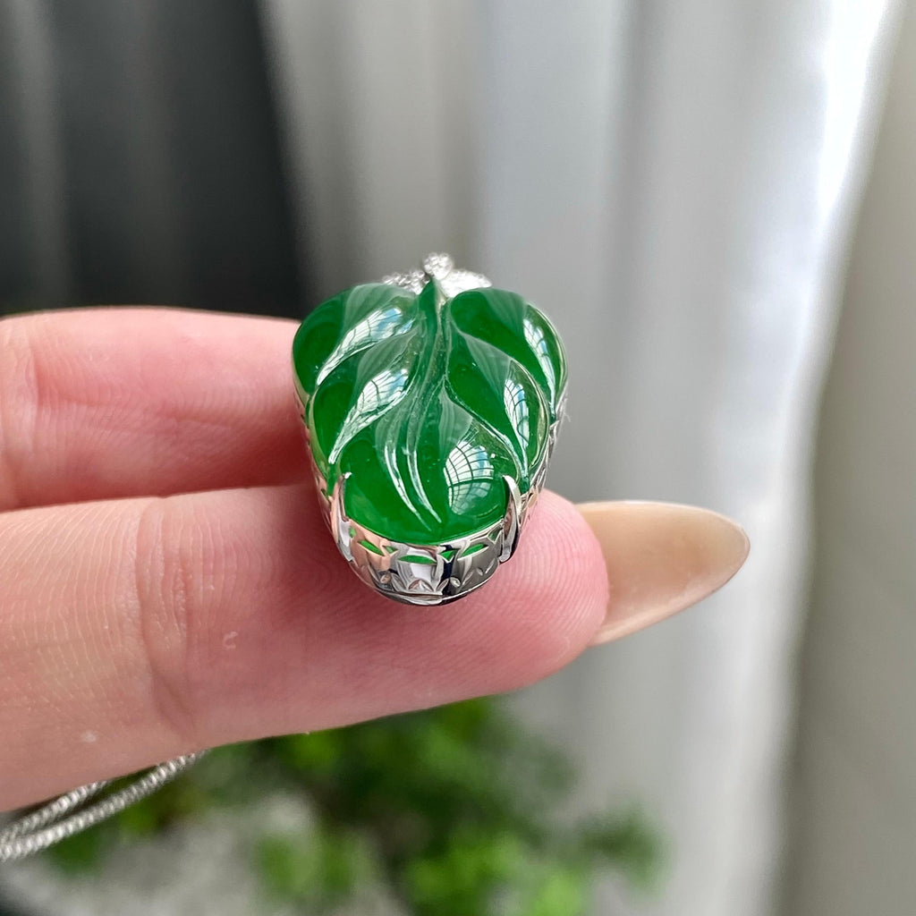 18k金钻镶冰种阳绿玉叶吊坠（yc204453）