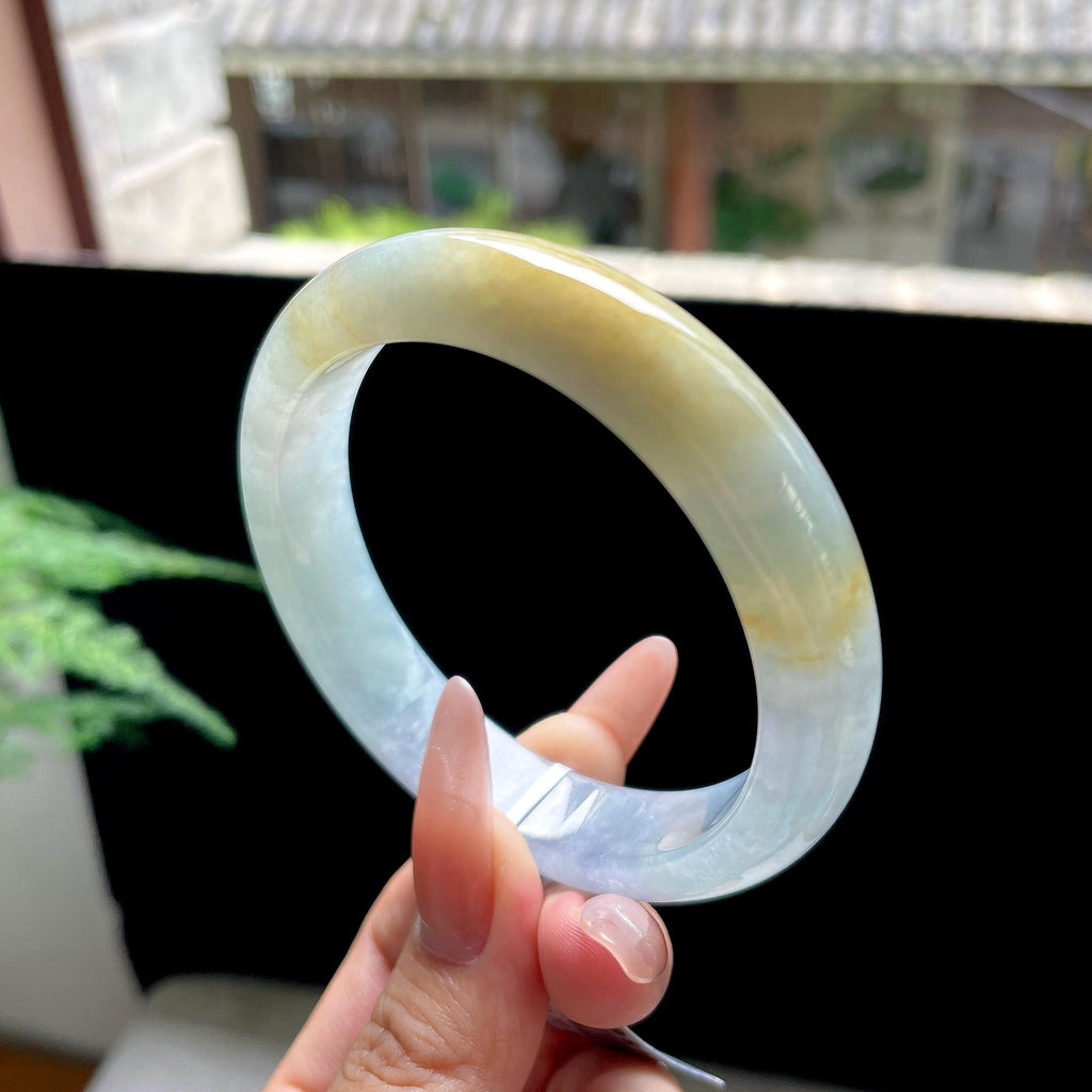 糯冰种冰蓝底黄翡正圈平安镯 58圈口 天然缅甸A货翡翠（yc527799）
