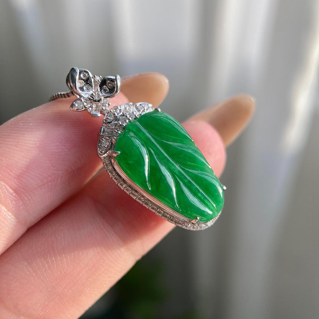 18k金钻镶糯冰种阳绿玉叶吊坠（yc216837）