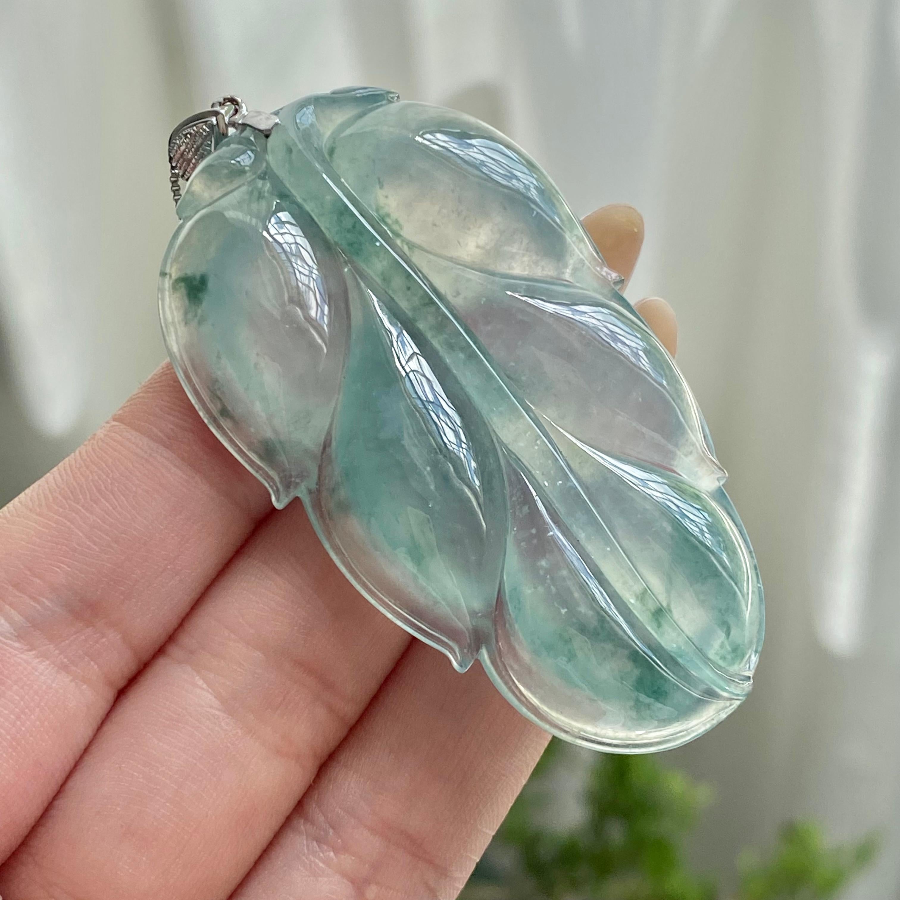 18k金钻镶冰种飘花玉叶吊坠（yc214465）