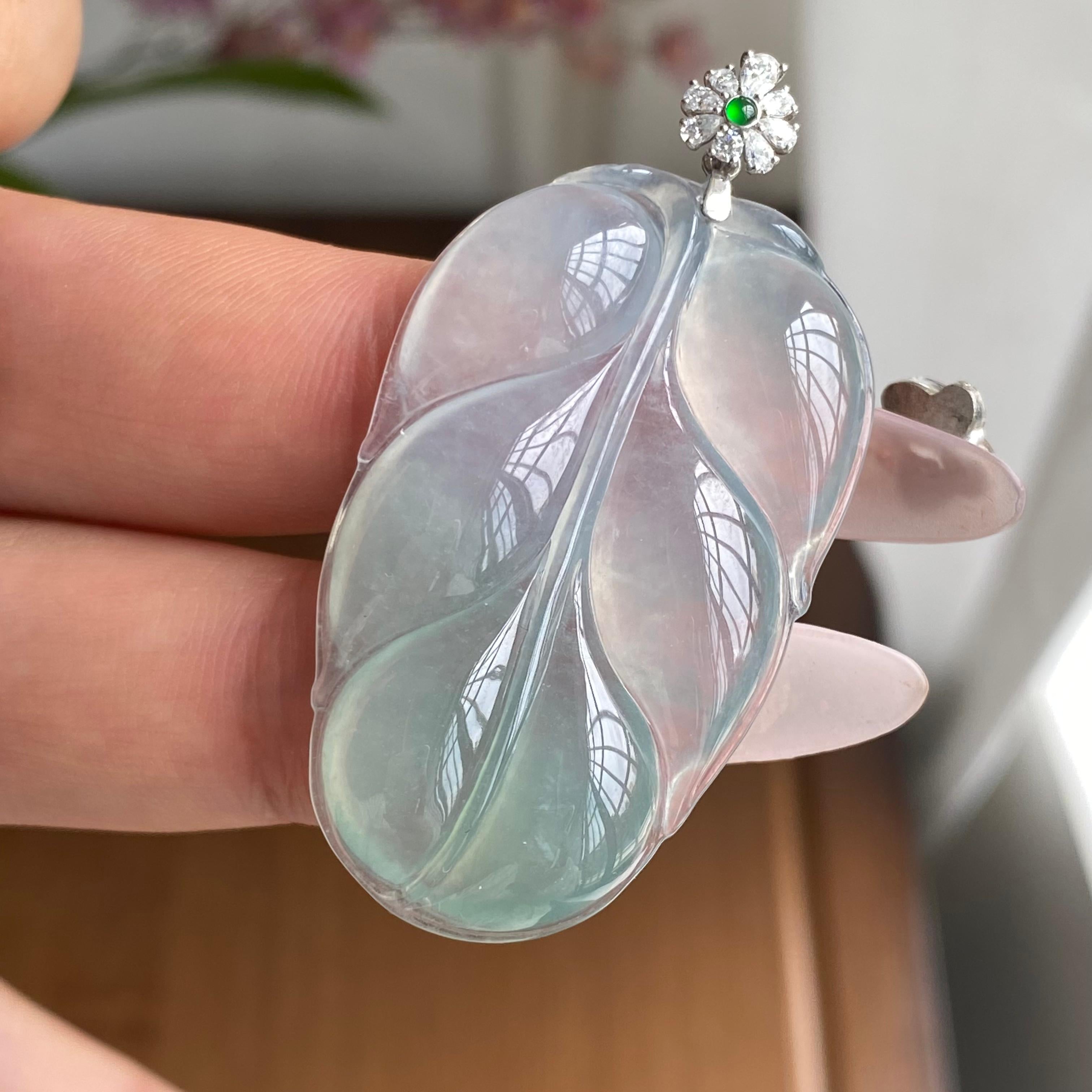 18K金钻镶冰种晴底玉叶吊坠（yc303063）