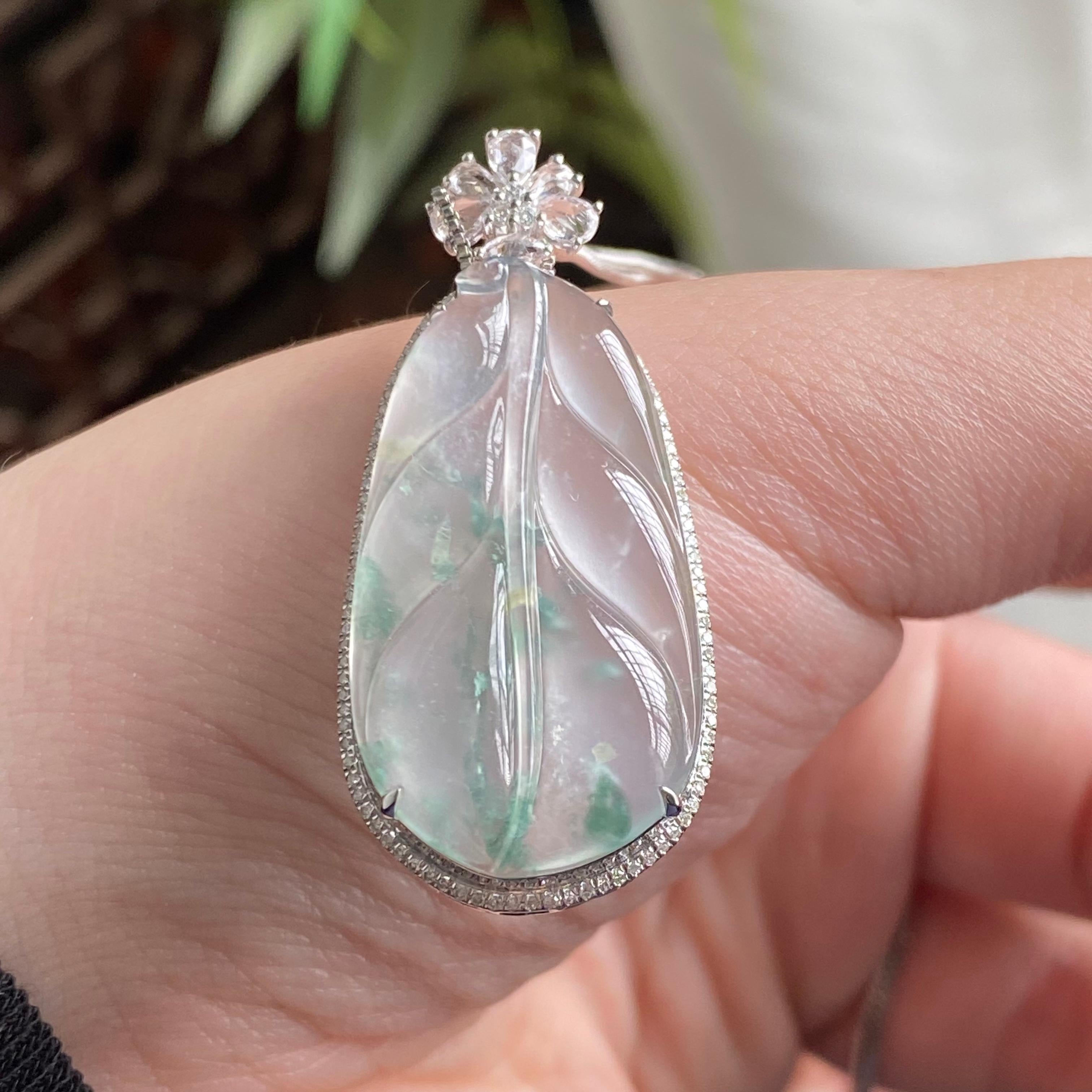 18k金钻镶冰玻种飘花玉叶吊坠（yc195102）