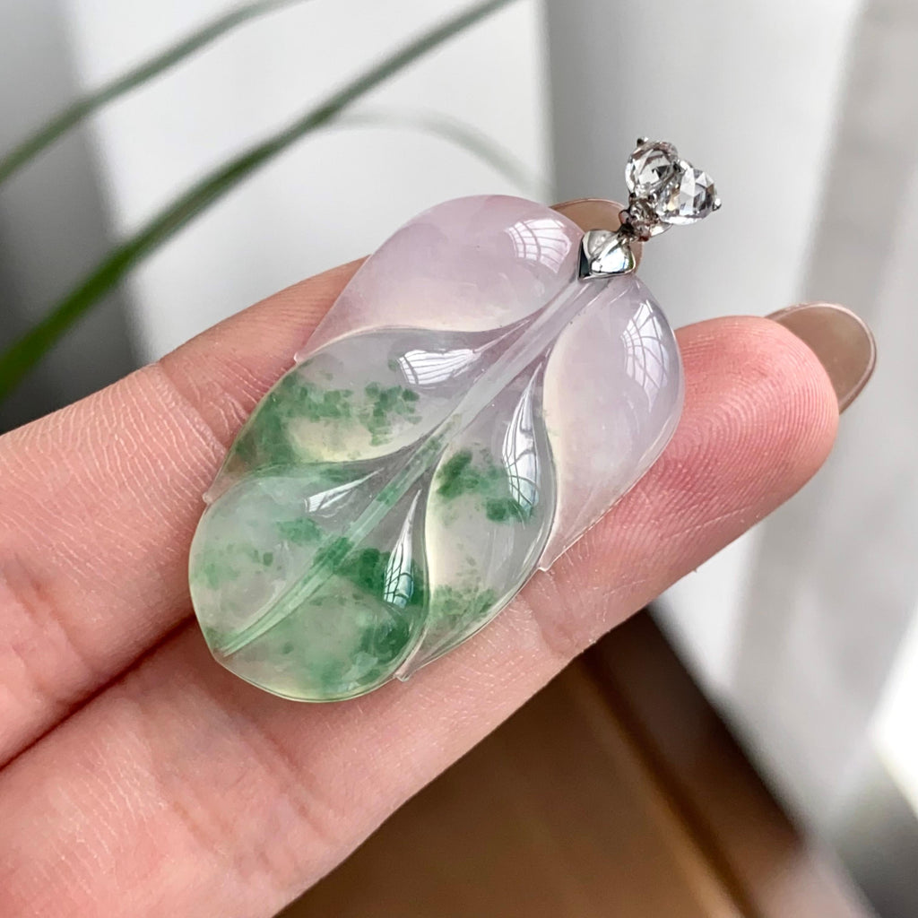 18k金钻镶冰种飘花玉叶吊坠（yc262716）