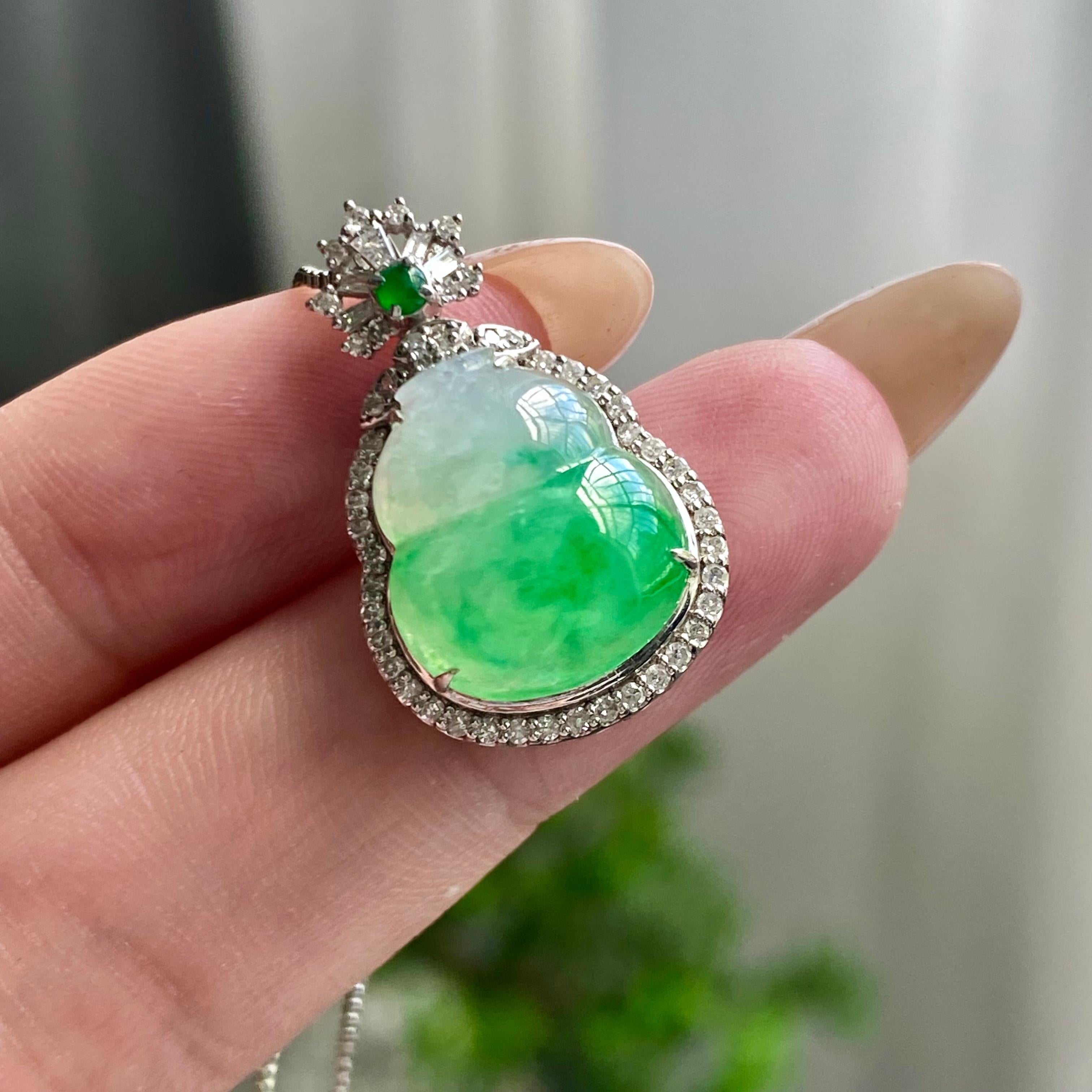 18k金钻镶冰种飘花葫芦吊坠（yc204464）