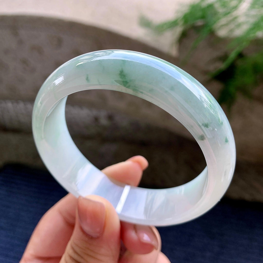 大圈口 细糯种飘绿花洒金宽版轮胎手镯 58.3圈口 天然缅甸A货翡翠（yc496412）