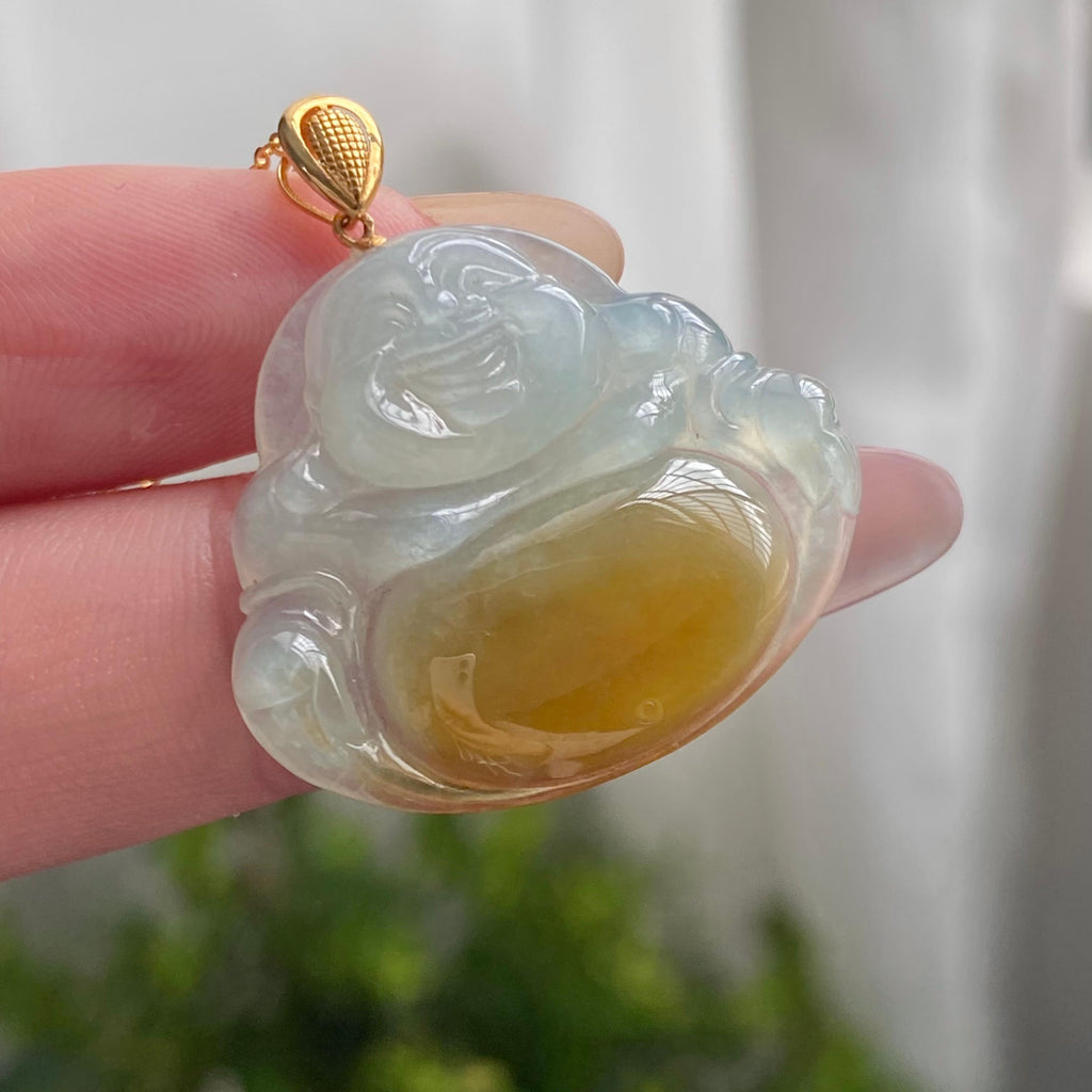 18k金镶冰种黄翡肚里藏金佛公吊坠（yc200394）