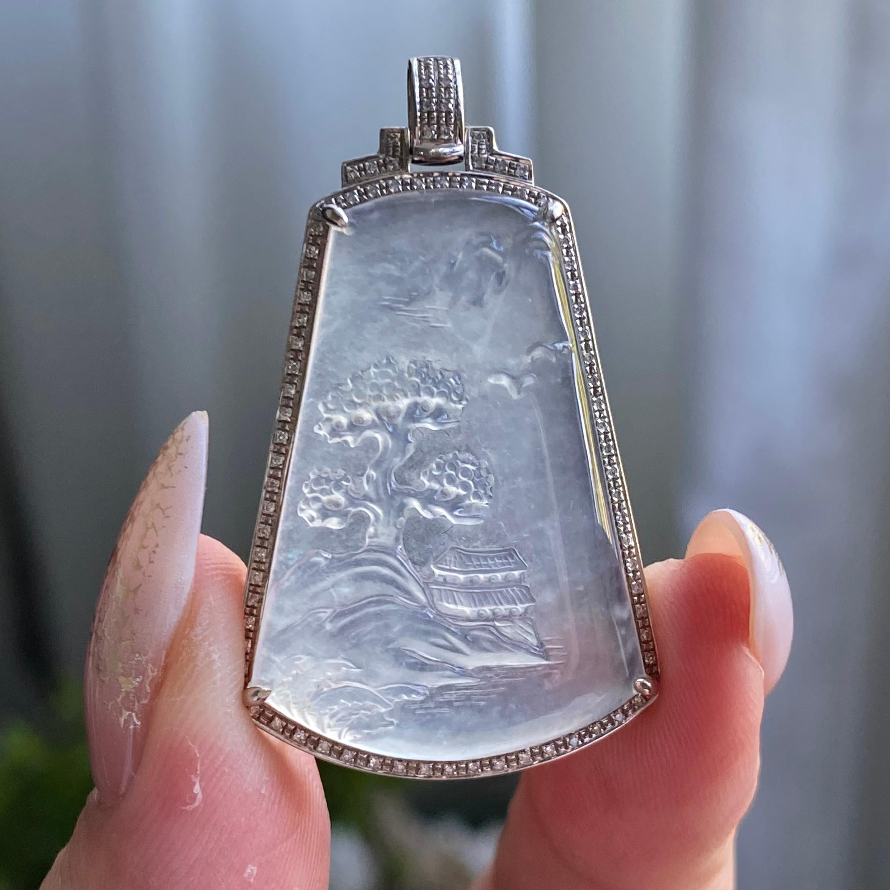 18k金钻镶冰种白月光山水牌吊坠（yc205093）