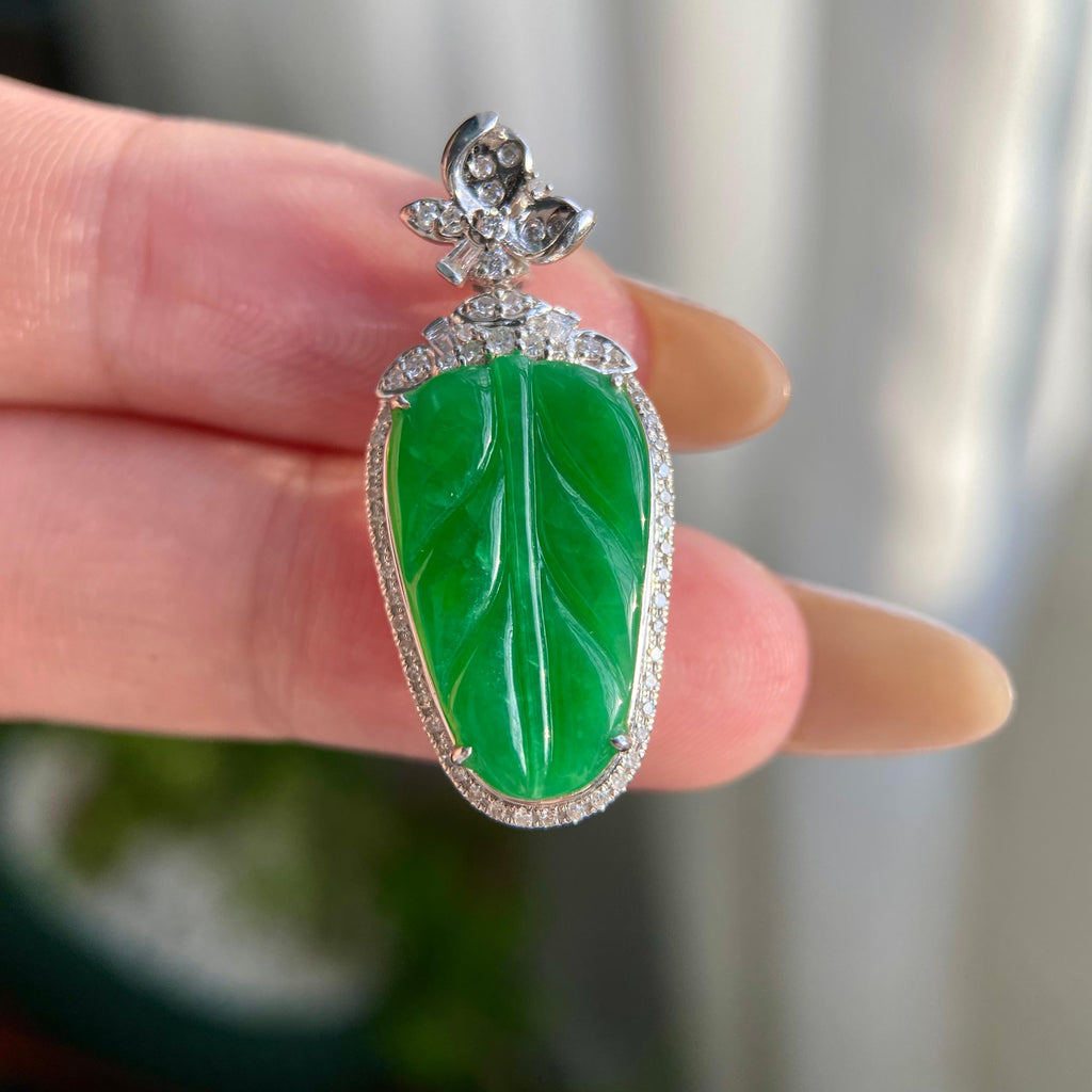 18k金钻镶糯冰种阳绿玉叶吊坠（yc216837）