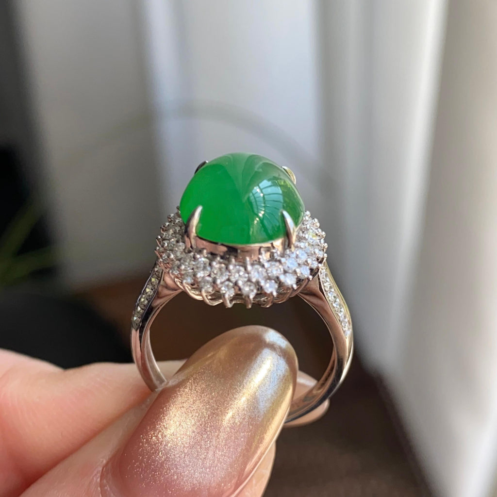 18k金钻镶冰种满绿蛋面戒指（yc264991）