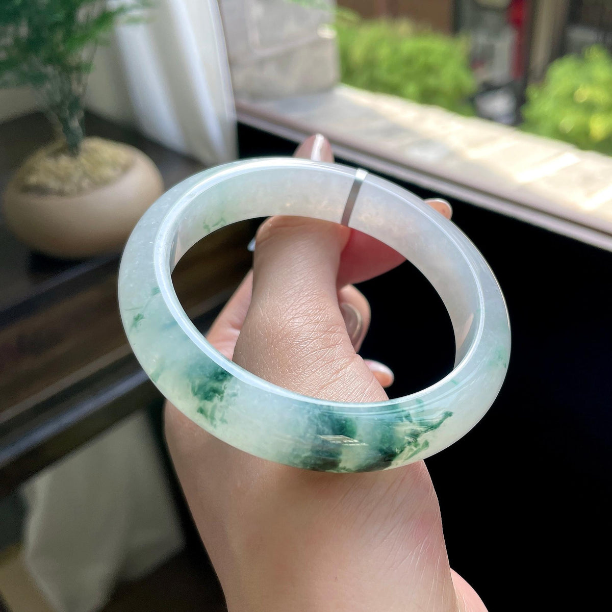 糯冰种绿飘花正圈平安镯 57圈 天然缅甸A货翡翠（yc693134）