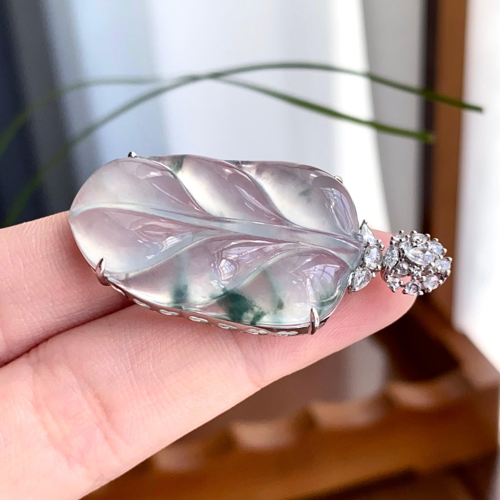 18k金钻镶冰种飘花玉叶吊坠（yc256099）