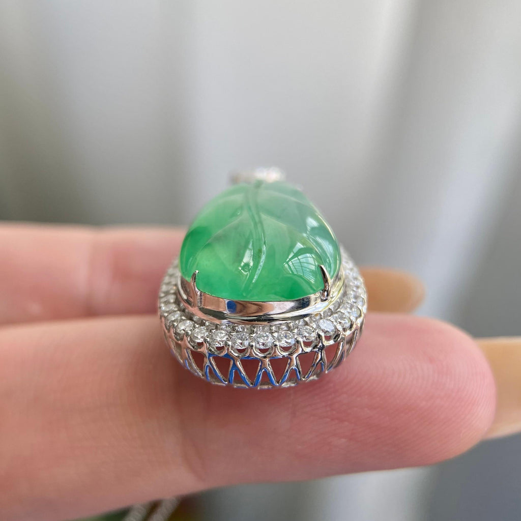 18k金钻镶冰种飘花玉叶吊坠（yc217131）