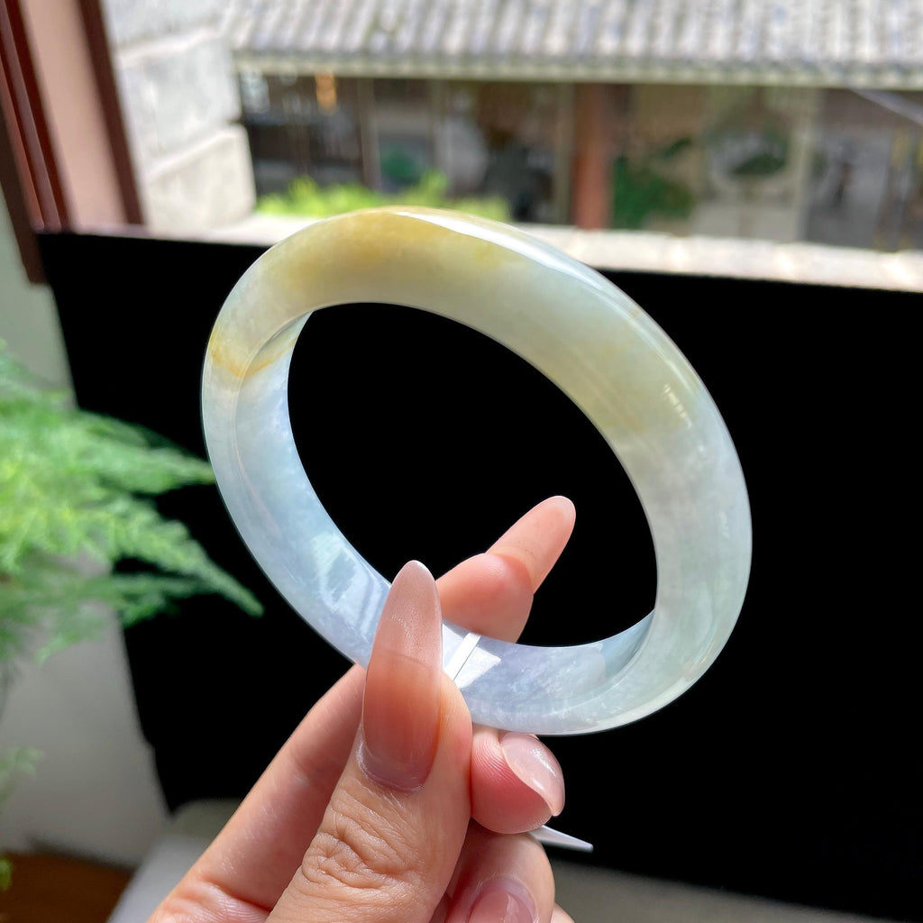 糯冰种冰蓝底黄翡正圈平安镯 58圈口 天然缅甸A货翡翠（yc527799）