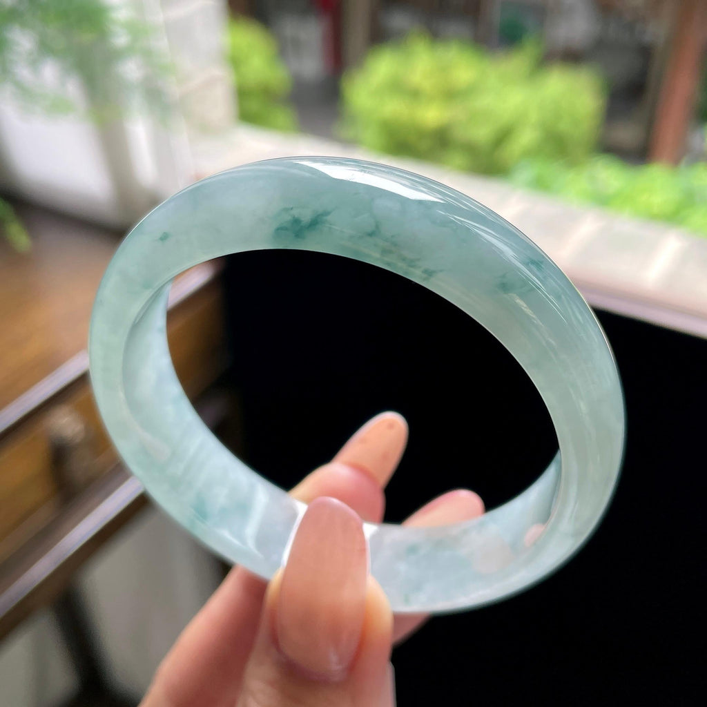 糯冰种蓝飘花宽版正圈平安镯 57圈（yc709485）