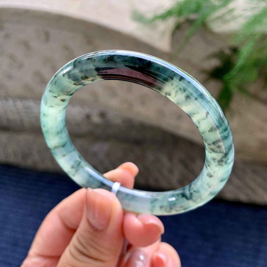 糯冰种飘蓝花圆条手镯 53.3圈口 天然缅甸A货翡翠（yc496405）