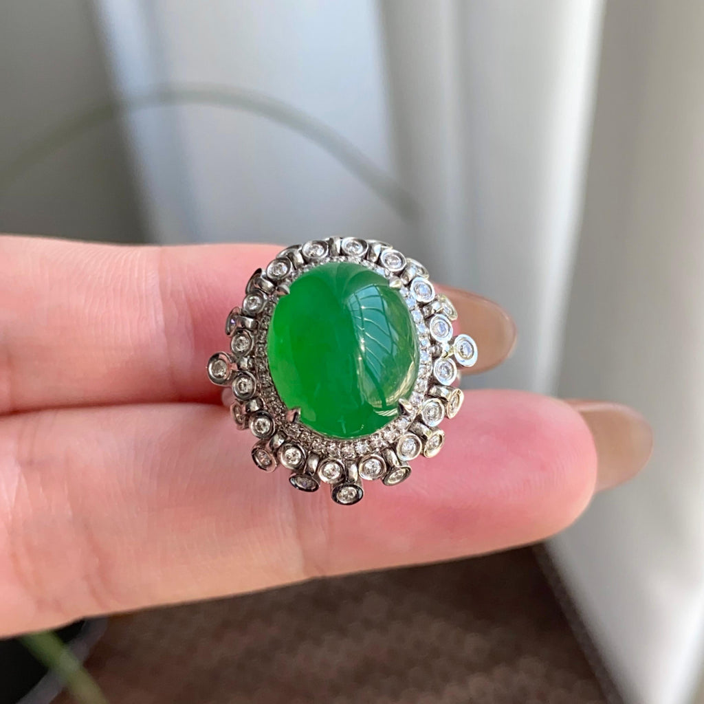 18k金钻镶冰种满绿蛋面戒指（yc264994）