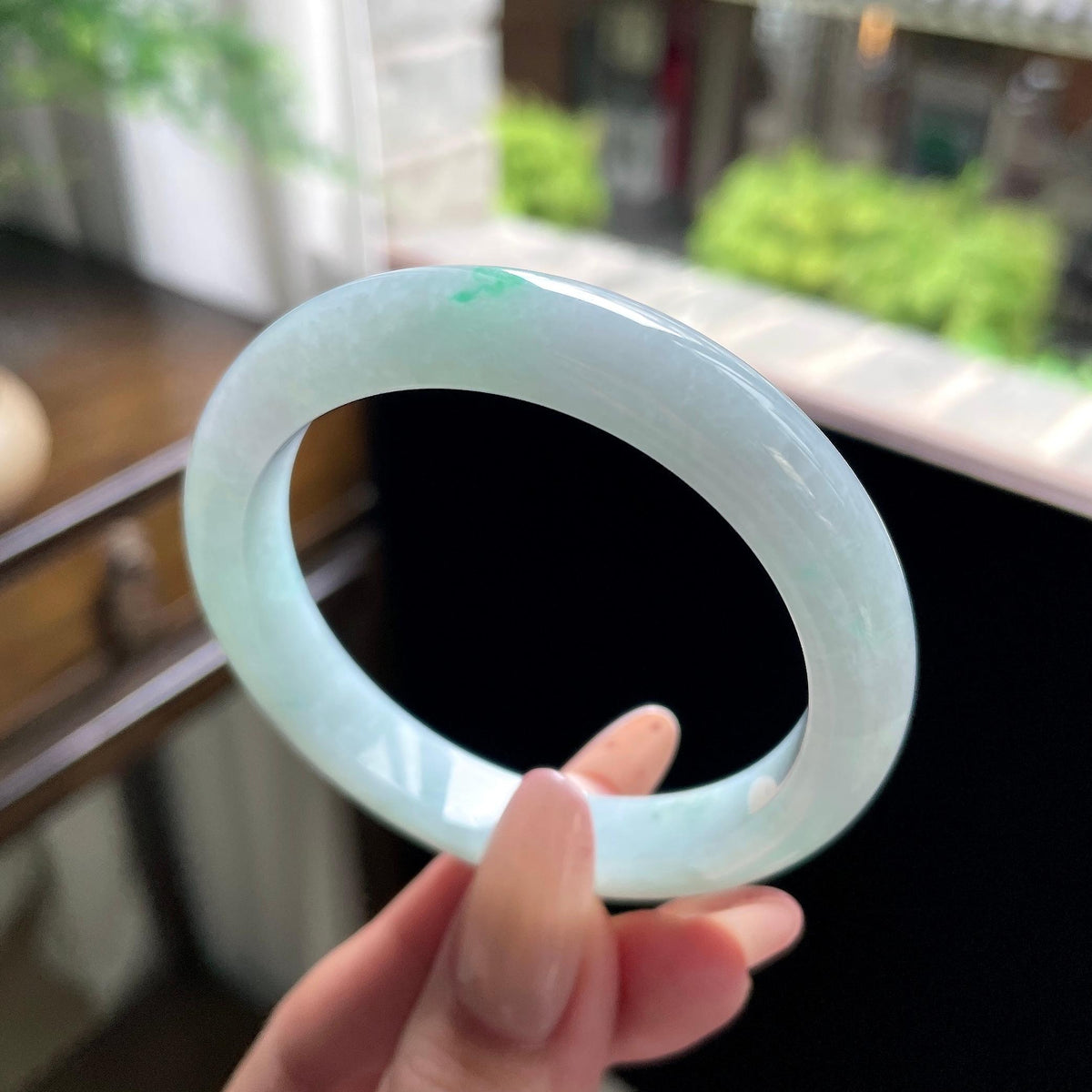 小圈口细糯种白底青正圈平安镯 52圈 天然缅甸A货翡翠（yc696406）
