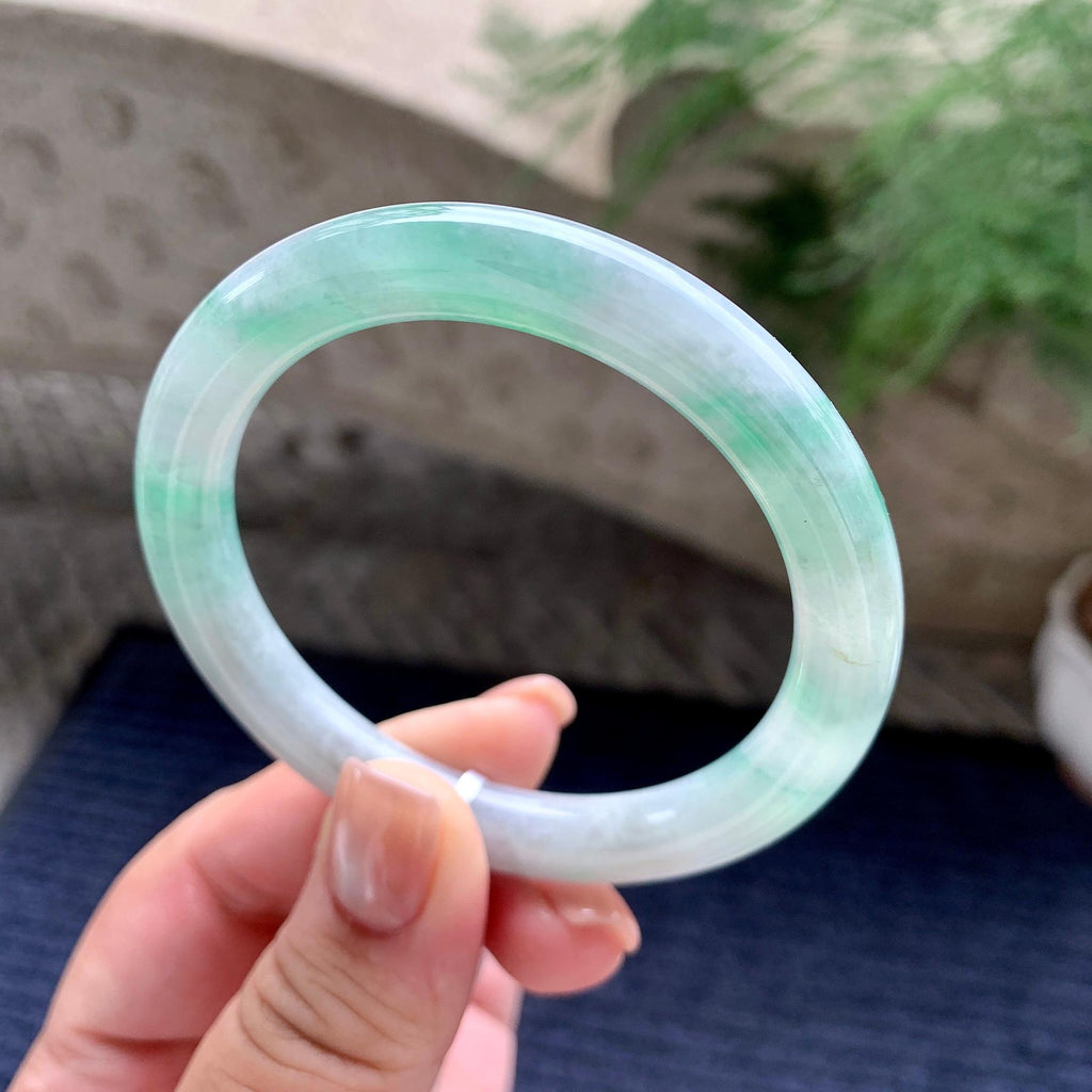 细糯种飘蓝花圆条手镯 54圈口 天然缅甸A货翡翠（yc701203）