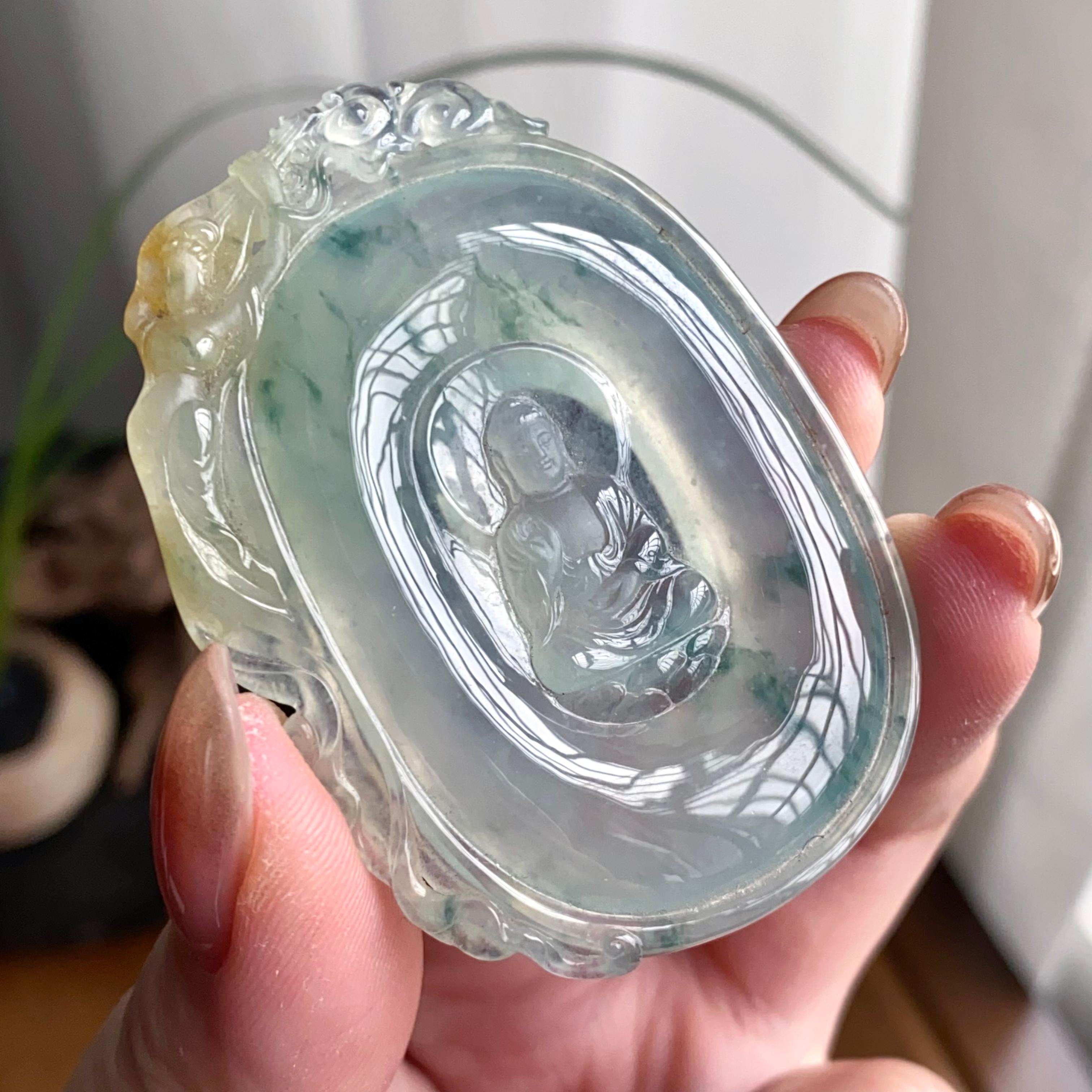 冰种黄加绿飘花佛牌吊坠（yc260833）