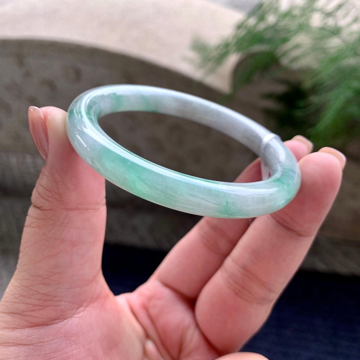 细糯种飘蓝花圆条手镯 54圈口 天然缅甸A货翡翠（yc701203）