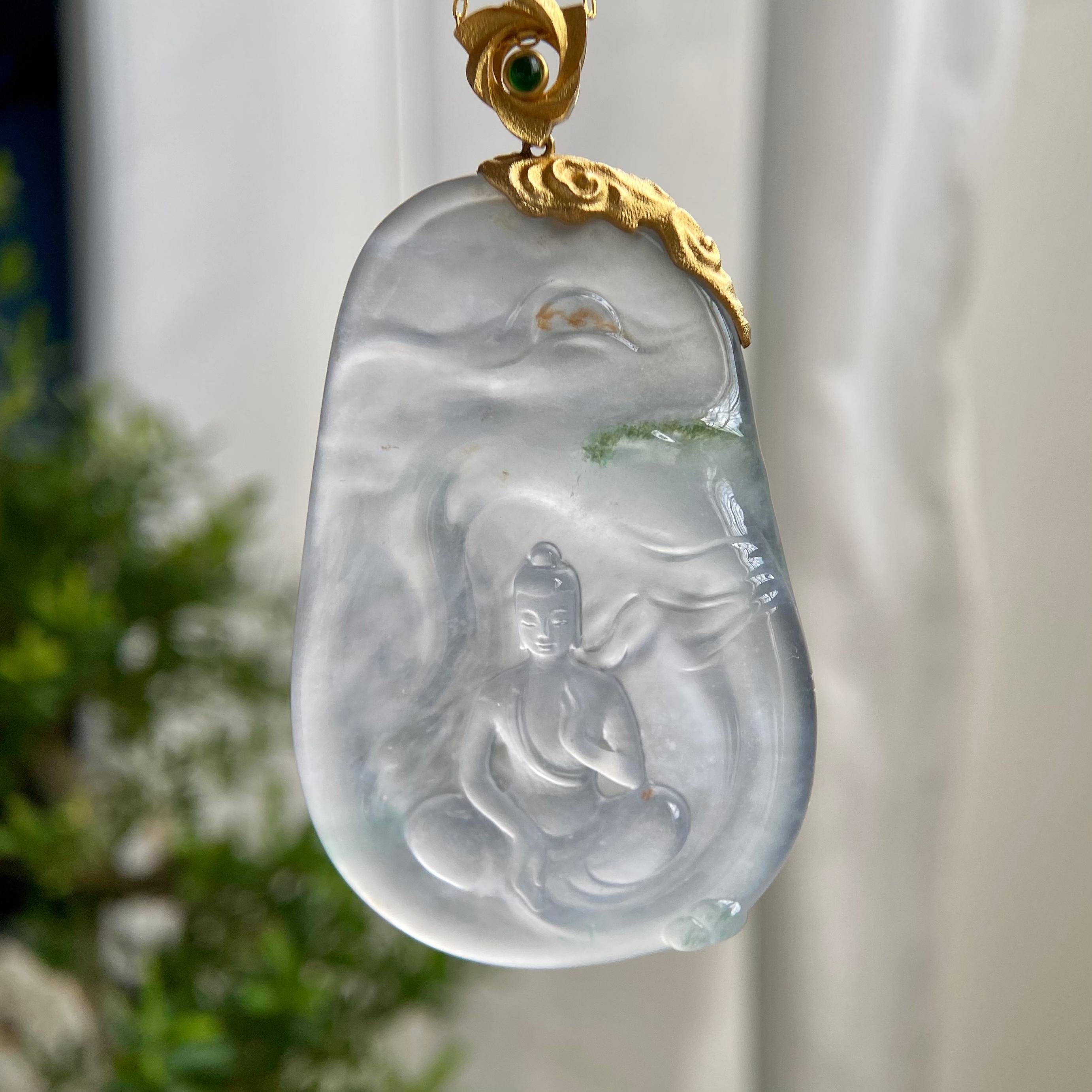 18k金镶冰种飘花悟道牌吊坠（yc216340）