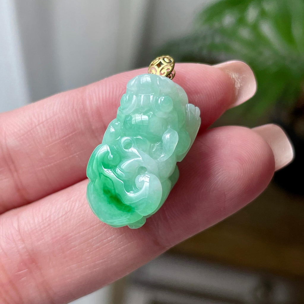 18K金镶细糯种飘翠绿貔貅吊坠 天然缅甸A货翡翠（yc524399）