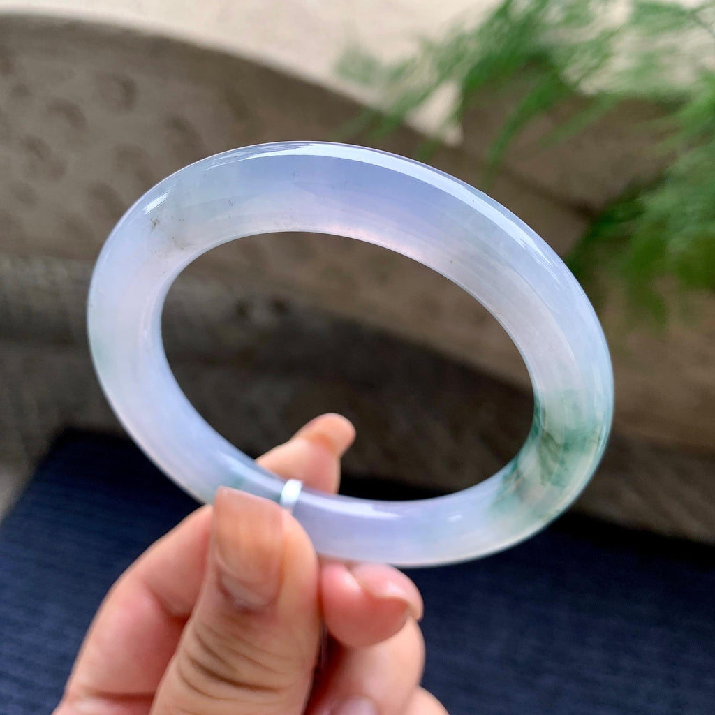糯冰种淡紫罗兰飘蓝花圆条手镯 52.6圈口 天然缅甸A货翡翠（yc701193）