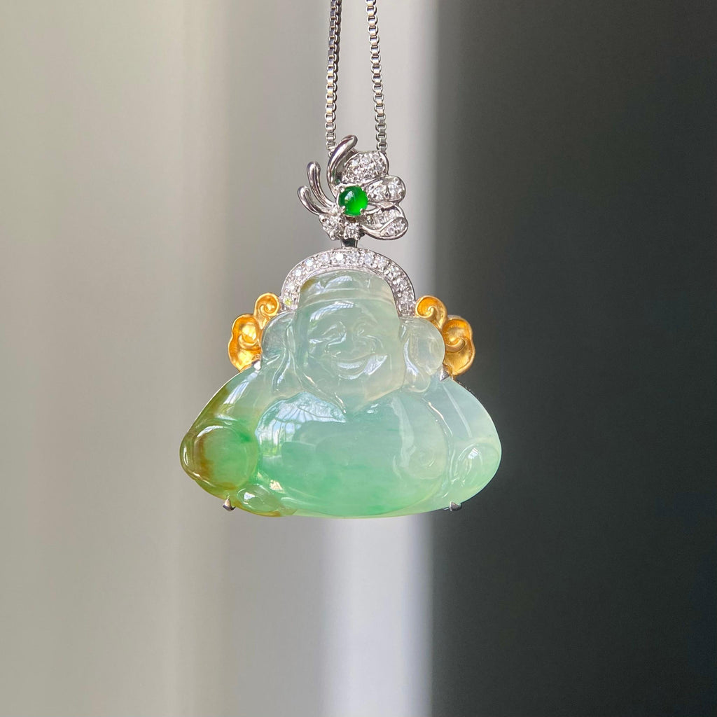 18k金钻镶冰种黄加绿财神吊坠（yc217114）
