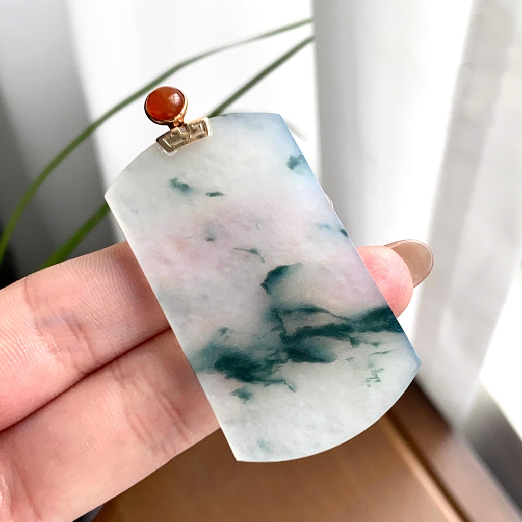 18k金镶冰种飘花无事牌吊坠（yc262722）