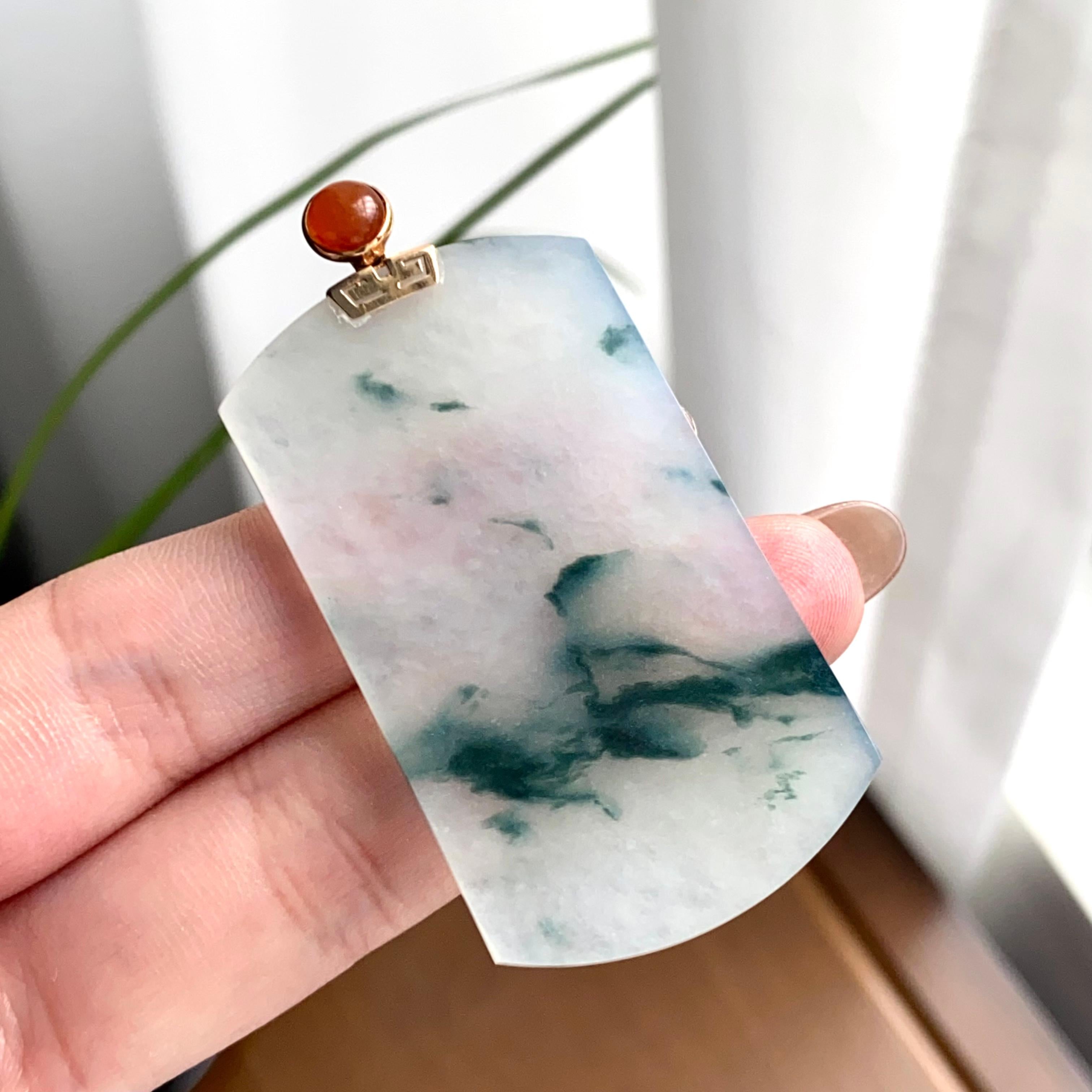 18k金镶冰种飘花无事牌吊坠（yc262722）